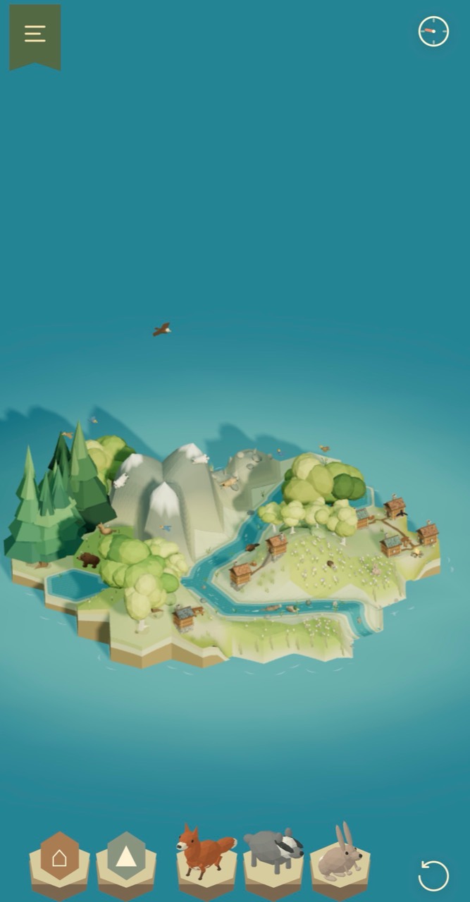 An island with winding rivers, mountain peaks, evergreen forest and cottages among flower meadows